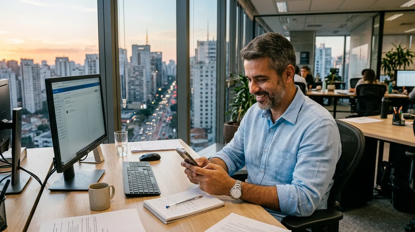Dono de empresa conferindo o celular na mesa do escritório, com o computador e os papéis ao lado