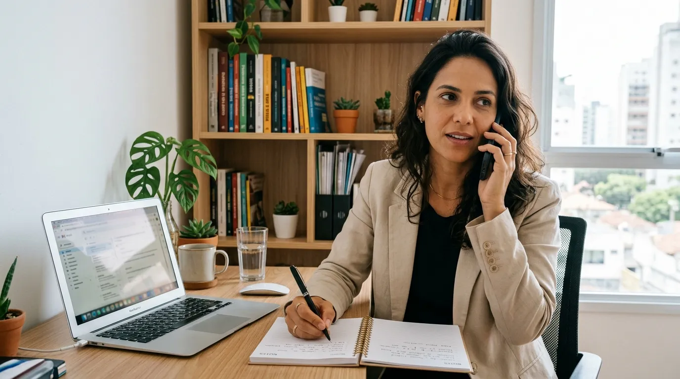 Dona de escritório ao telefone, anotando num caderno ao lado do notebook