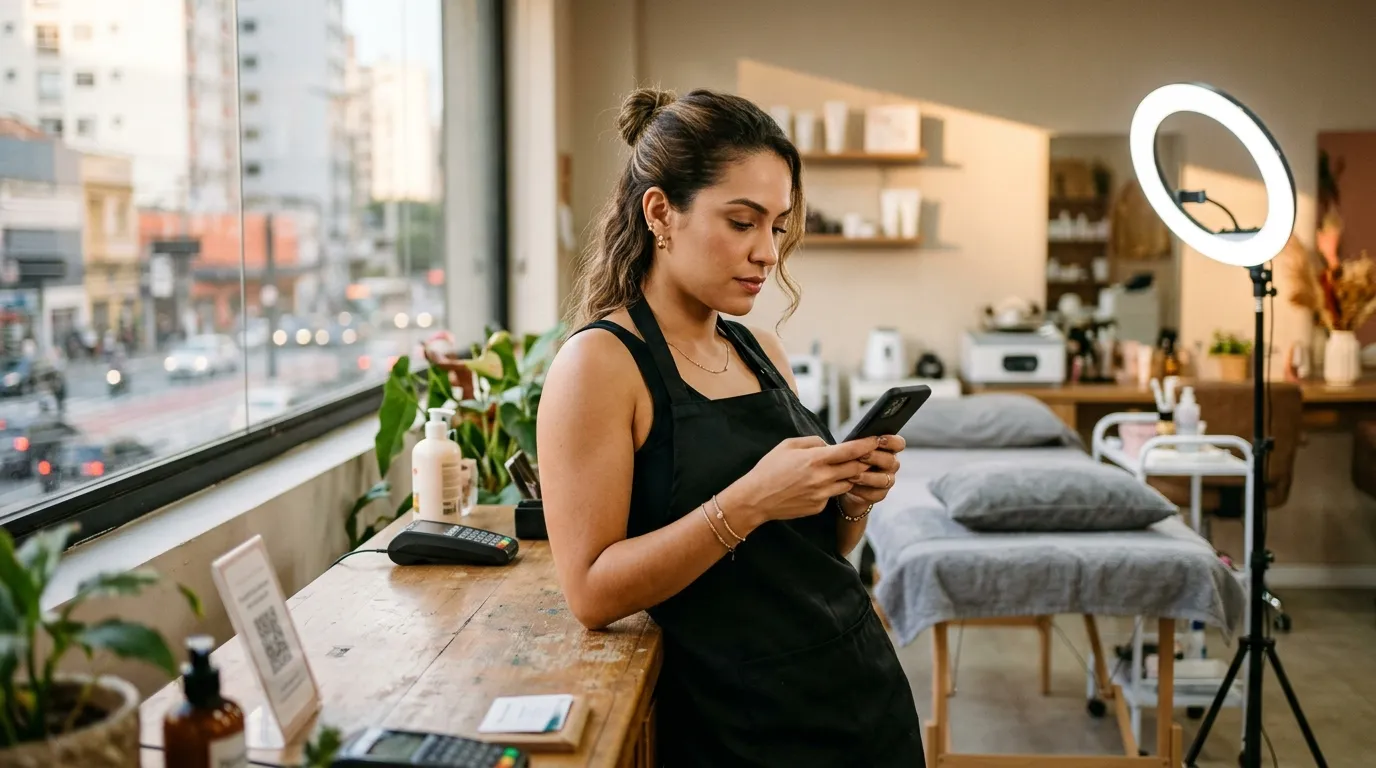 Dona de estúdio de beleza olhando o celular, pensativa, encostada na bancada do estúdio