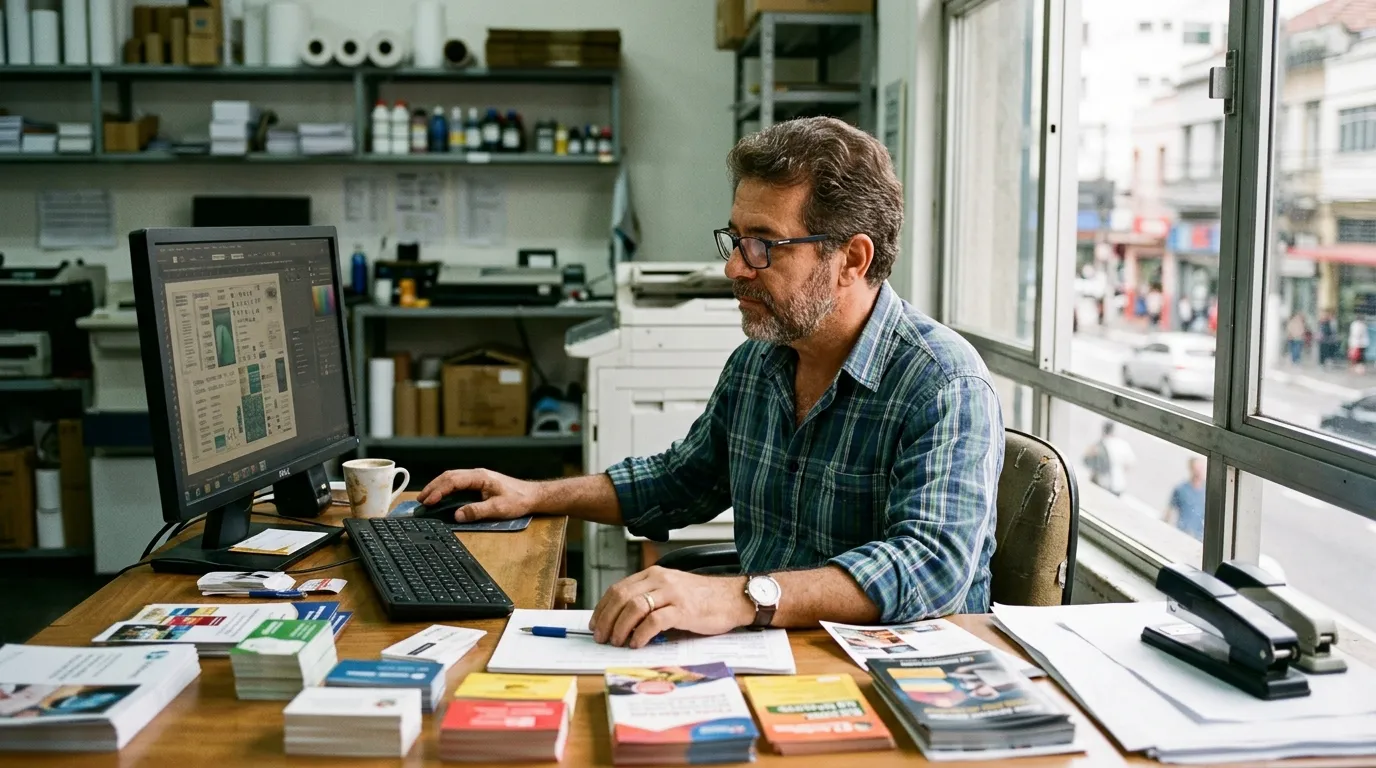 Dono de gráfica conferindo uma página no monitor, com amostras de impressão sobre a mesa