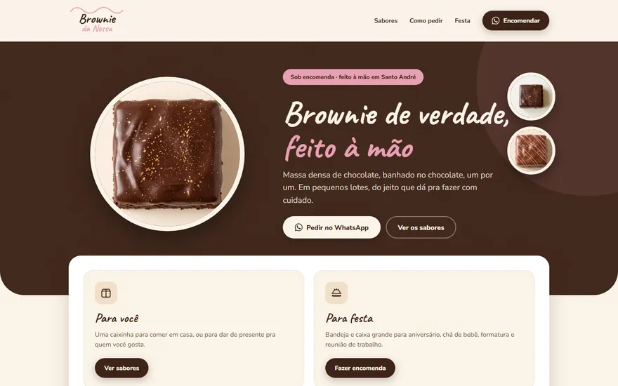 A landing page do Brownie da Nessa no computador