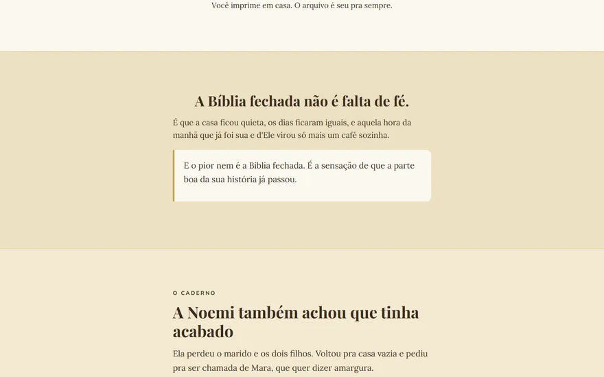 A seção do caderno na landing page da campanha